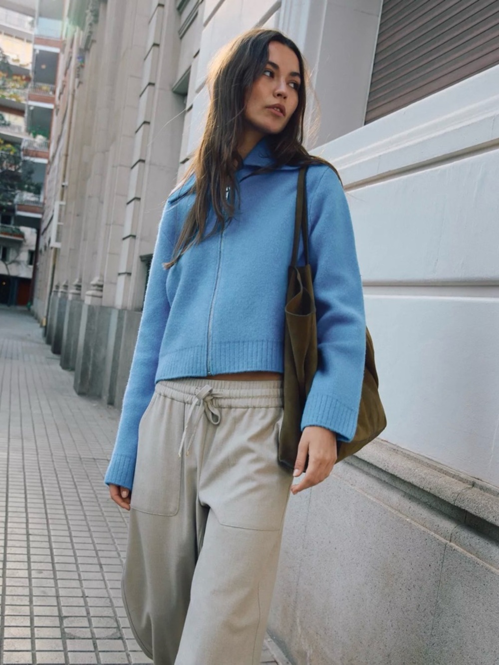 Zara Light Blue Zip-Front Crewneck Sweater
